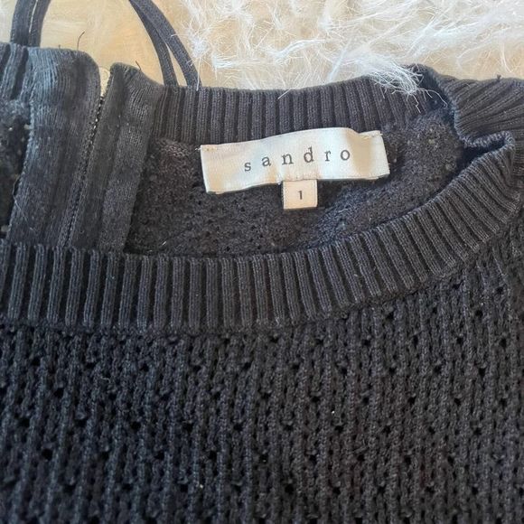 Sandro Womens Sweater Back Zip Scoop‎ Neck Open Knit Black Cotton Size 1 Paris - Picture 5 of 10